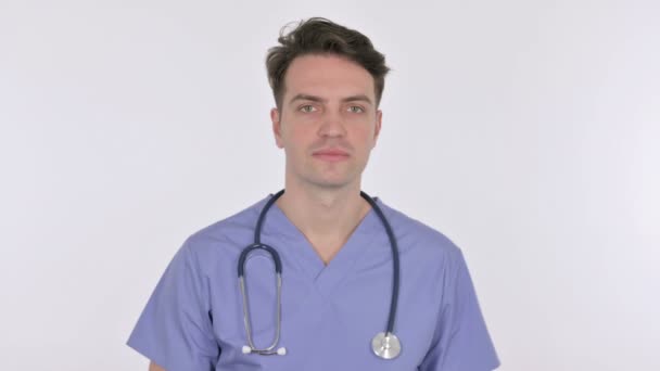 Denying Gesture by Young Doctor on White Background — Stock Video