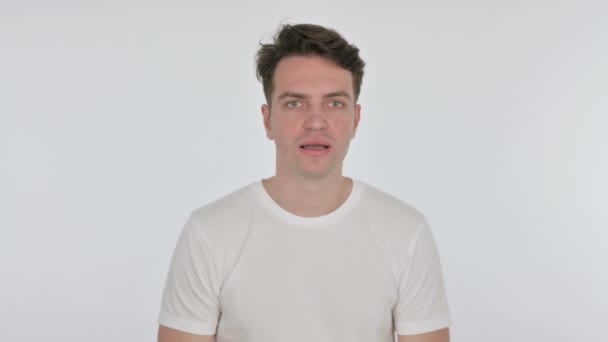 Disappointed Young Man Reacting Loss on White Background — Stock Video