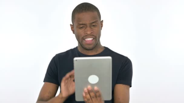 Vídeo Call on Tablet by Young African Man on White Background — Vídeo de Stock