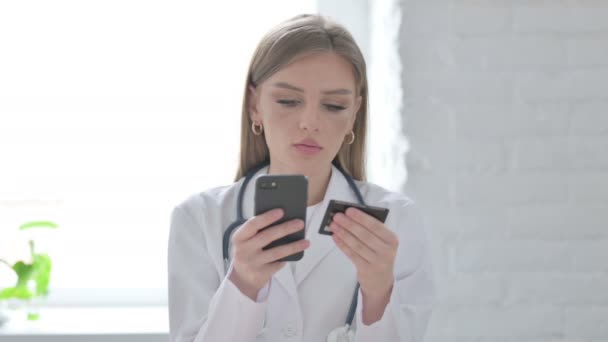 Portrait Female Doctor Making Successful Online Payment Smartphone — Stok Video