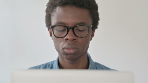 Close African Man Using Laptop Office — Video