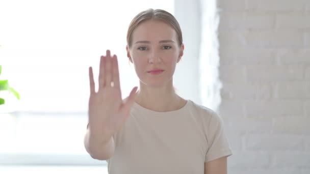 Denying Young Woman Asking Stop Hand Gesture — Vídeos de Stock