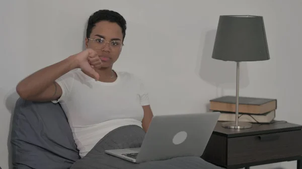 Young African Woman Showing Thumbs Sign While Using Laptop Bed — Foto de Stock