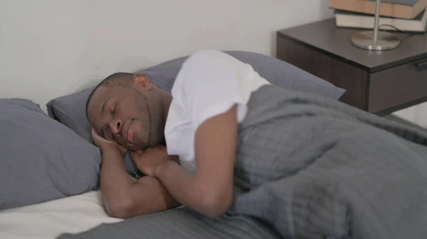 Young African Man Sleeping Bed Peacefully — Fotografia de Stock