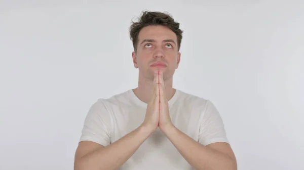 Praying Casual Young Man Wishing God White Background — Stock Photo, Image