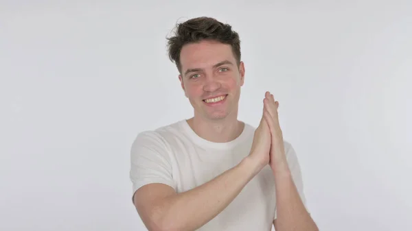 Happy Casual Young Man Clap White Background — Stok Foto