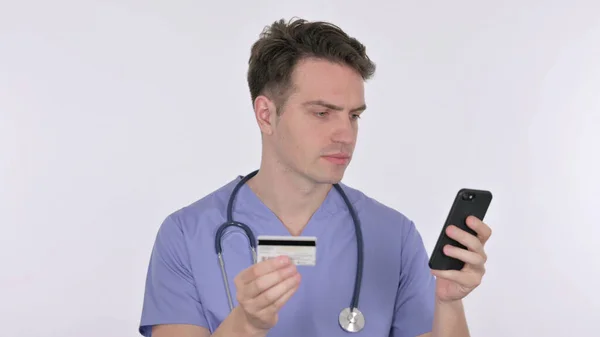 Online Shopping Smartphone Man Doctor Vit Bakgrund — Stockfoto