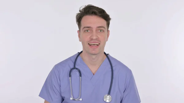 男医師オンラインビデオ通話上の白い背景 — ストック写真