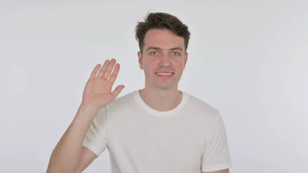 Hombre Joven Ocasional Saludando Dando Bienvenida Sobre Fondo Blanco —  Fotos de Stock