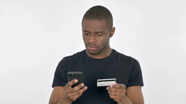 Online Shopping Smartphone African Man White Background — ストック写真