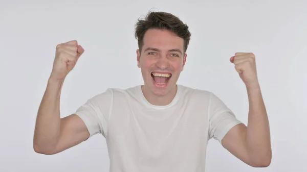 Successful Casual Young Man Celebrating White Background — Stockfoto