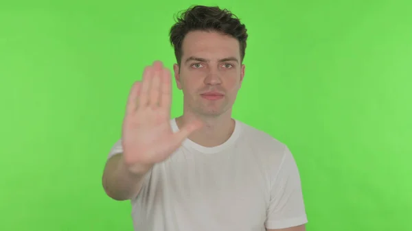Stop Gesture Casual Young Man Green Background — Fotografia de Stock