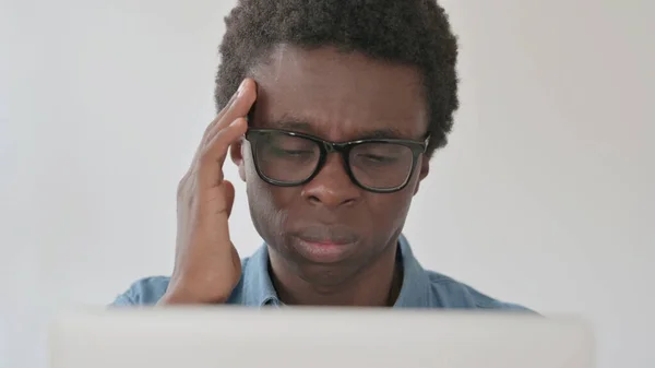 Close African Man Having Headache While Working Laptop —  Fotos de Stock