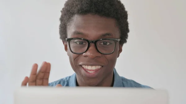 Close African Man Talking Video Call Laptop Office —  Fotos de Stock