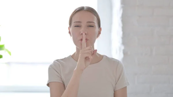 Young Woman Asking Silence Fingers Lips Quiet Please — Foto Stock