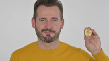 Olgun Yetişkin Adam 'ın Portresi Bitcoin, Kripto Para Birimi, Beyaz Arkaplan