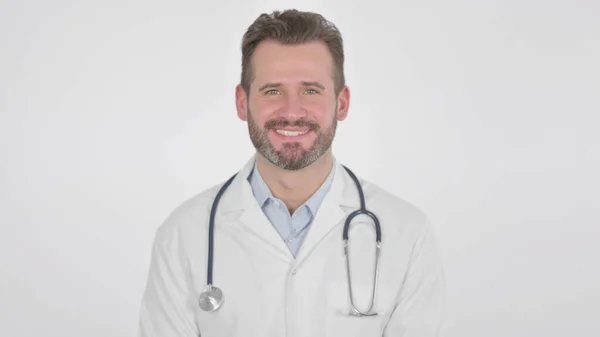 Portrait Mature Adult Doctor Smiling Camera White Background — Stock Photo, Image