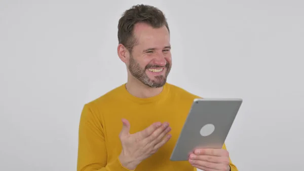 Portrait Mature Adult Man Celebrating Tablet Office White Background — Stock Photo, Image