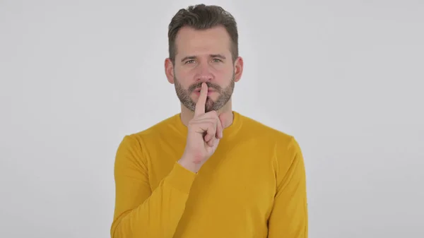 Porträtt Vuxen Man Visar Tyst Tecken Finger Läppar Vit Bakgrund — Stockfoto
