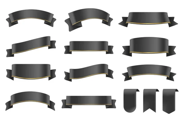 Set Dark Black Color Ribbons Tags Isolated White Background Vector — Stock Vector