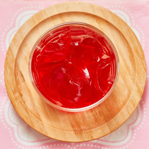 Organic Strawberry Gelatin Snack Served Small Glass Cup Set Bamboo — Stock Photo, Image