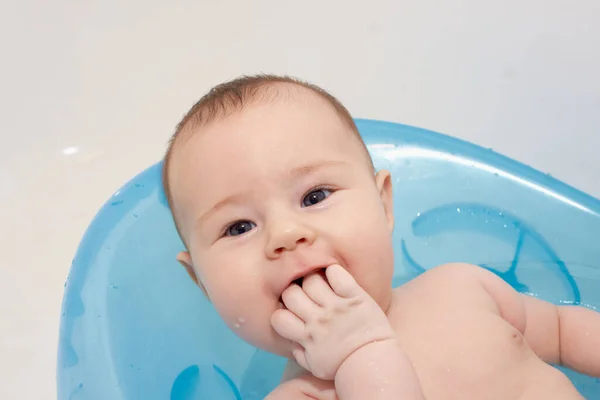 Little Baby Taking Bath Blue Baby Tub Stock Photo