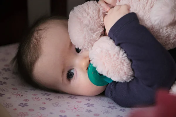 Güzel Erkek Bebek Pelüş Oyuncağına Sarılıyor — Stok fotoğraf