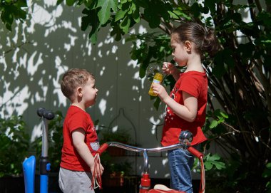 Kardeşler güneşli bir günde arka bahçede sabun köpüğüyle oynuyorlar.