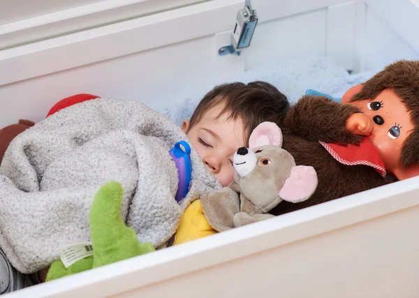 Cute Baby Sleeping Box His Toys — Stock Photo, Image