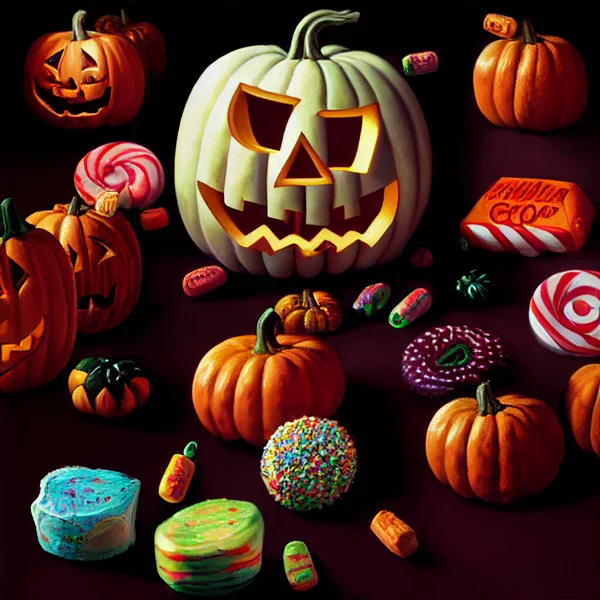 Pumpkins with candies and skull, Halloween style, trick or treat. High quality illustration