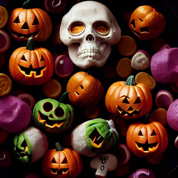 Pumpkins with candies and skull, Halloween style, trick or treat. High quality illustration