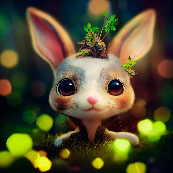 Fairy rabbit standing among colorful glowing fluorescent lighting in the forest. High quality illustration