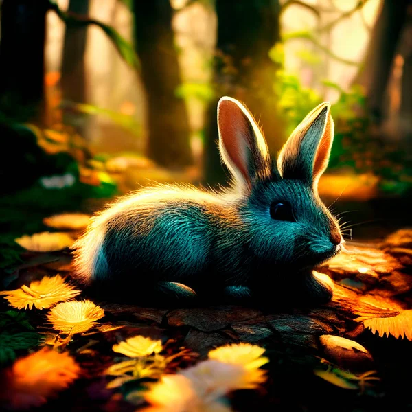 Fairy rabbit standing among colorful glowing fluorescent lighting in the forest. High quality illustration