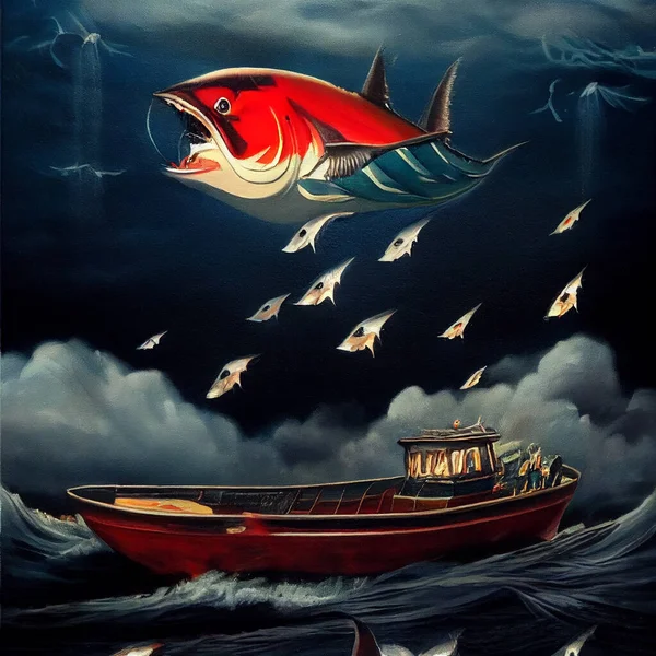 Big fish in the ocean, boat drifts in stormy weather . High quality illustration