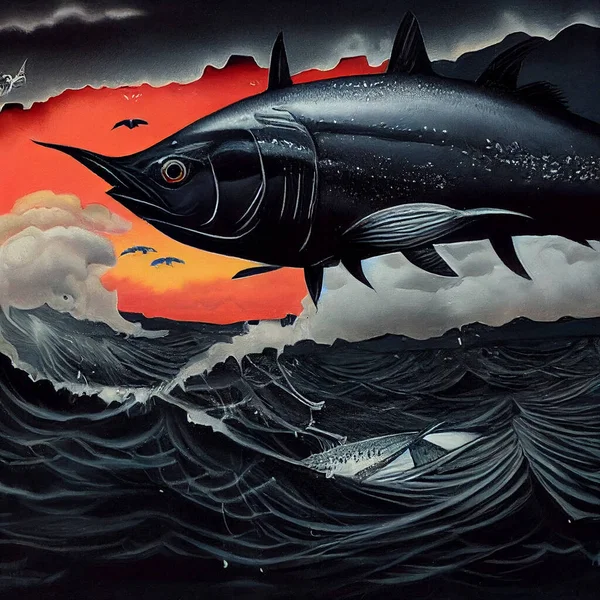 Big spooky fish hunting in the ocean, marine life , stormy weather conditions. High quality illustration