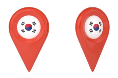 Güney Kore ulusal bayrağı ve harita noktası beyaz arka planda izole edildi. 3 boyutlu görüntüleme. 3B illüstrasyon.