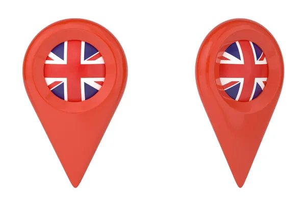 白地にイギリス国旗と地図上の地点が孤立している 3Dレンダリング 3Dイラスト — ストック写真