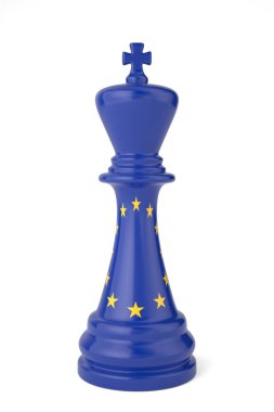 Satranç kralının üzerinde Avrupa Birliği bayrağı boyası, beyaz arka planda izole edilmiş satranç, 3 boyutlu tasarım. 3B illüstrasyon.