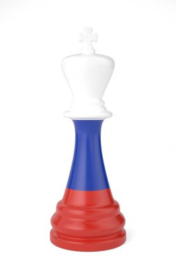 Satranç kralının üzerinde Rusya bayrağı boyası, beyaz arka planda izole edilmiş satranç, 3 boyutlu. 3B illüstrasyon.
