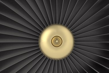 Altın Jet motoru, yakın çekim jet motorları. Bir jet motorunun ön görüntüsü. 3 boyutlu görüntüleme. 3B illüstrasyon.