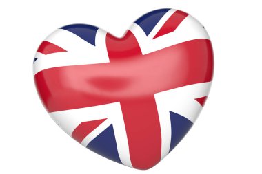 Birleşik Krallık ulusal bayrağı kalpte. 3 boyutlu görüntüleme. 3B illüstrasyon.