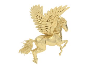 Beyaz arka planda izole edilmiş altın pegasus. 3 boyutlu görüntüleme. 3B illüstrasyon.