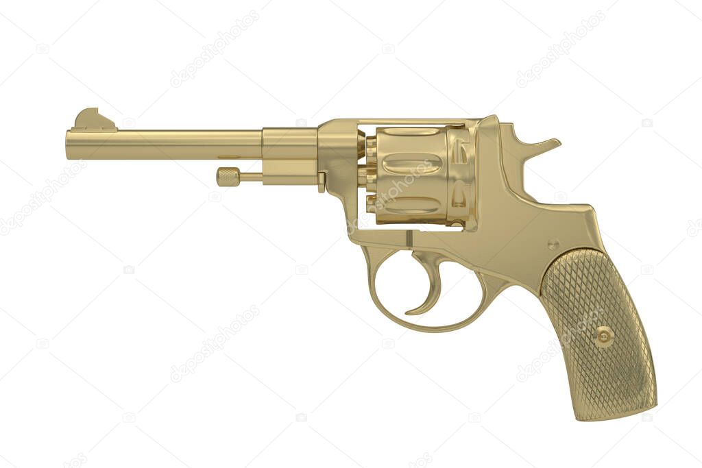 Gold Revolver isolated on white background. 3D illustration.