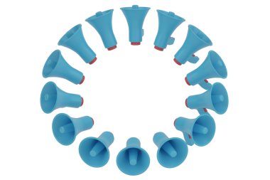 Megafon grubu beyaz arka planda izole edildi. 3 boyutlu görüntüleme. 3B illüstrasyon.