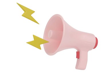 Pazarlama zamanı konsepti, gerçekçi 3D megafon, yıldırımlı hoparlör. 3 boyutlu görüntüleme. 3B illüstrasyon.