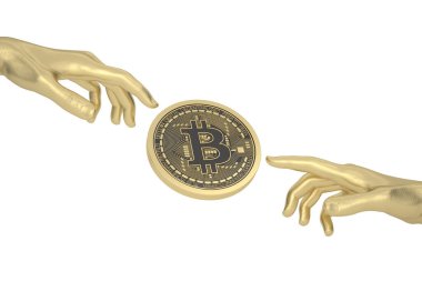El ve Bitcoin beyaz arka planda. 3B illüstrasyon.