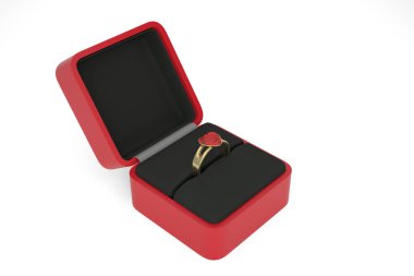 Beyaz arka planda kutuda bir yüzük. Evlilik teklifi ve aşk konsepti. 3 boyutlu görüntüleme. 3B illüstrasyon.