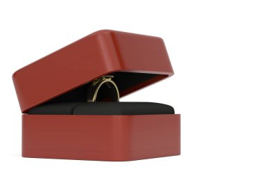 Beyaz arka planda kutuda bir yüzük. Evlilik teklifi ve aşk konsepti. 3 boyutlu görüntüleme. 3B illüstrasyon.