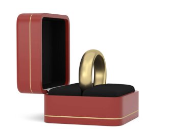 Beyaz arka planda kutuda bir yüzük. Evlilik teklifi ve aşk konsepti. 3 boyutlu görüntüleme. 3B illüstrasyon.