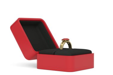 Beyaz arka planda kutuda bir yüzük. Evlilik teklifi ve aşk konsepti. 3 boyutlu görüntüleme. 3B illüstrasyon.